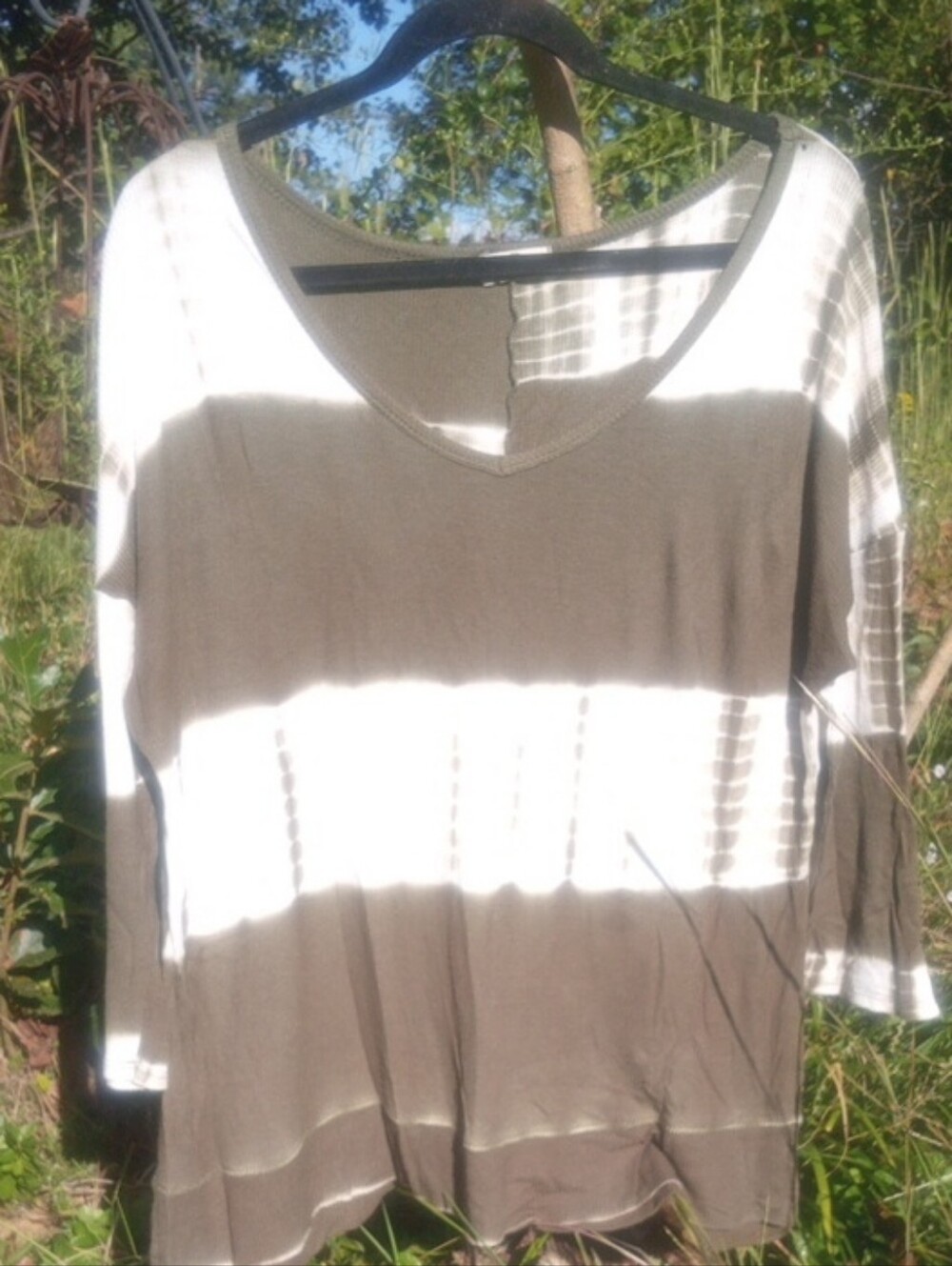 entro Olive and White Striped & Tie Dye V-Neck Tunic
